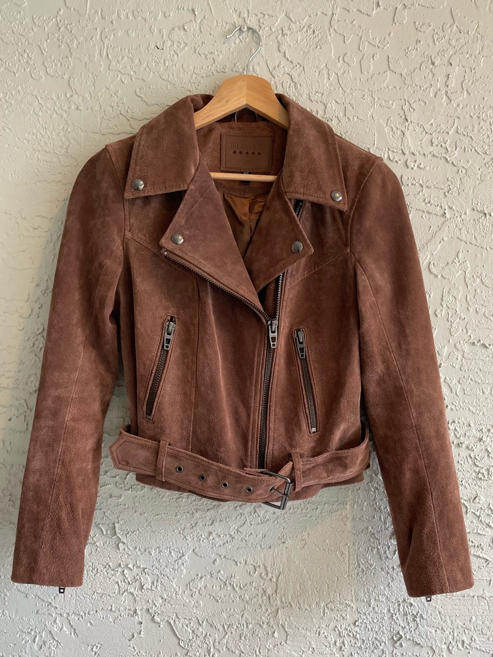 BlankNYC Coffee Bean Genuine Suede Leather Belted Moto Jacket
